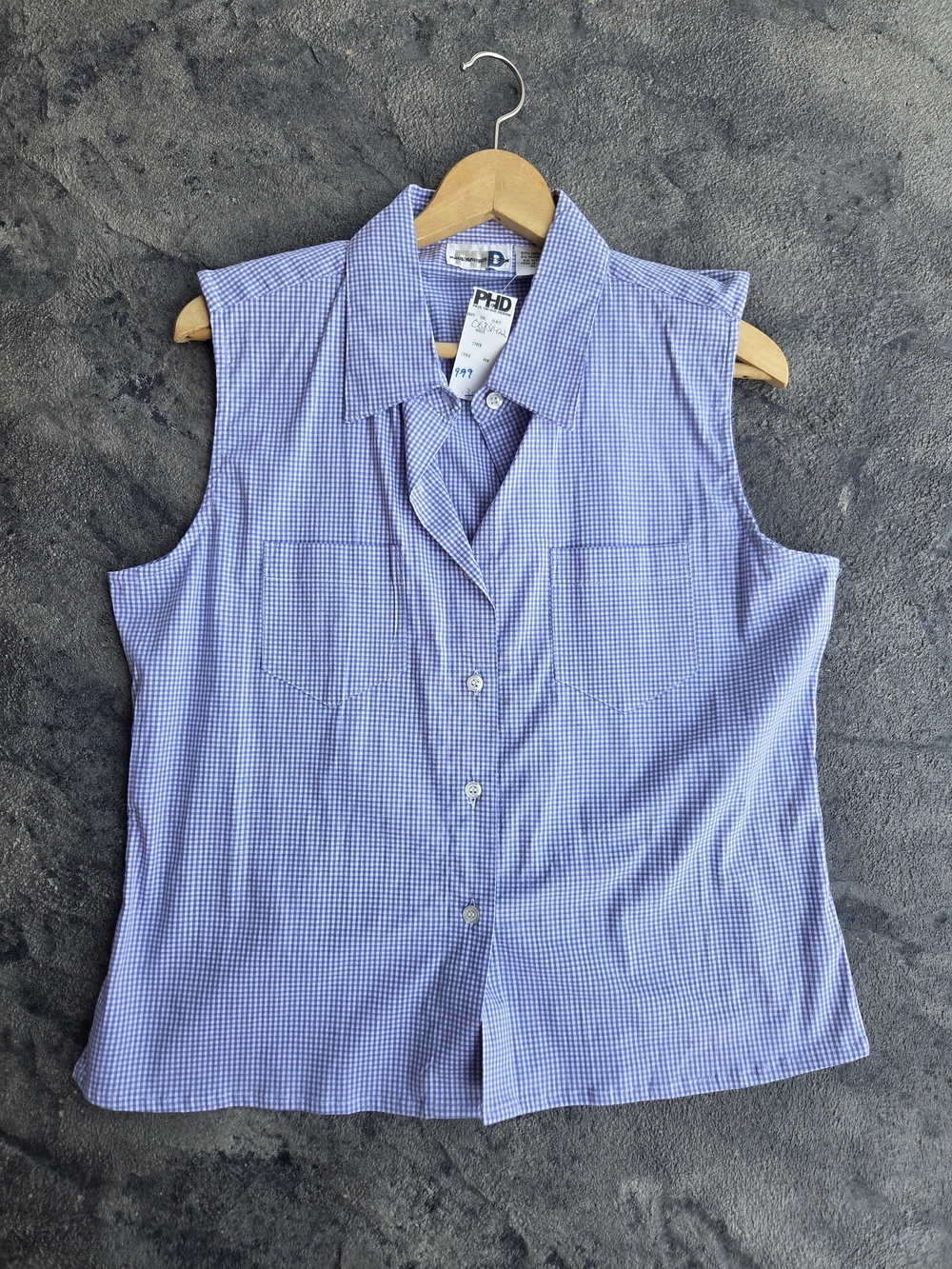 PHD Sleeveless Button-Front Blue White Gingham Check 2 Pocket Collared Shirt